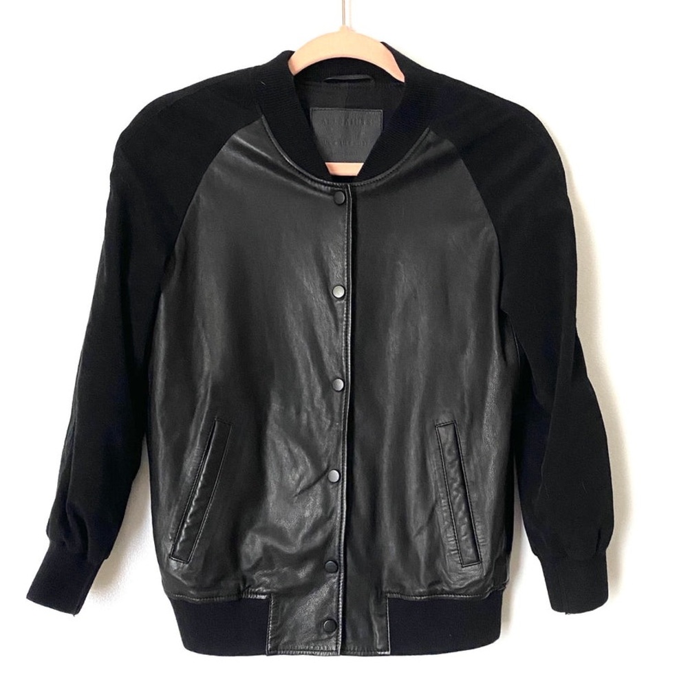 ALL SAINTS BLACK LAMB LEATHER BODY BOMBER JACKET
